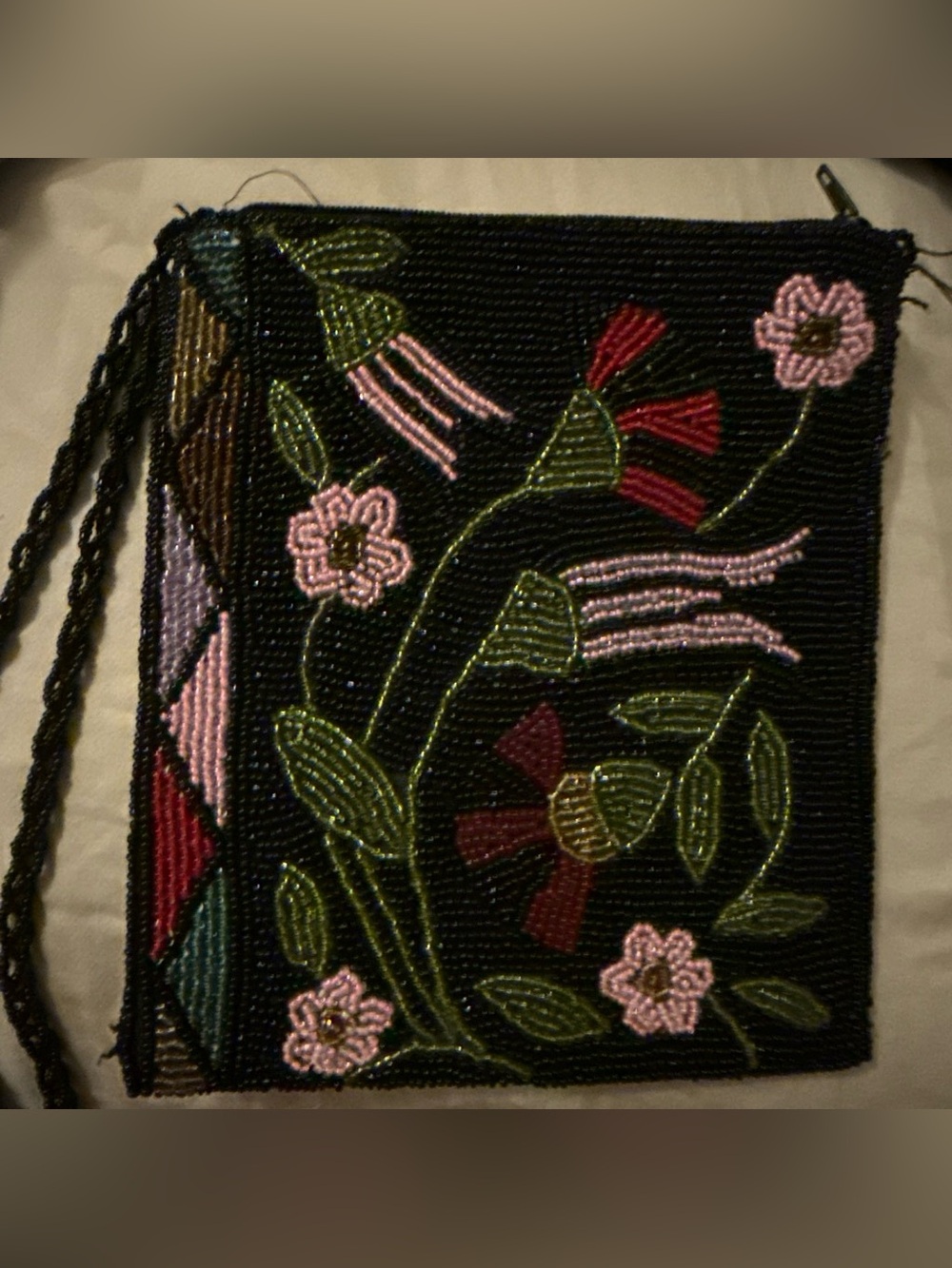 Beaded Floral Evening Wristlet Clutch in Black with Pink & Green